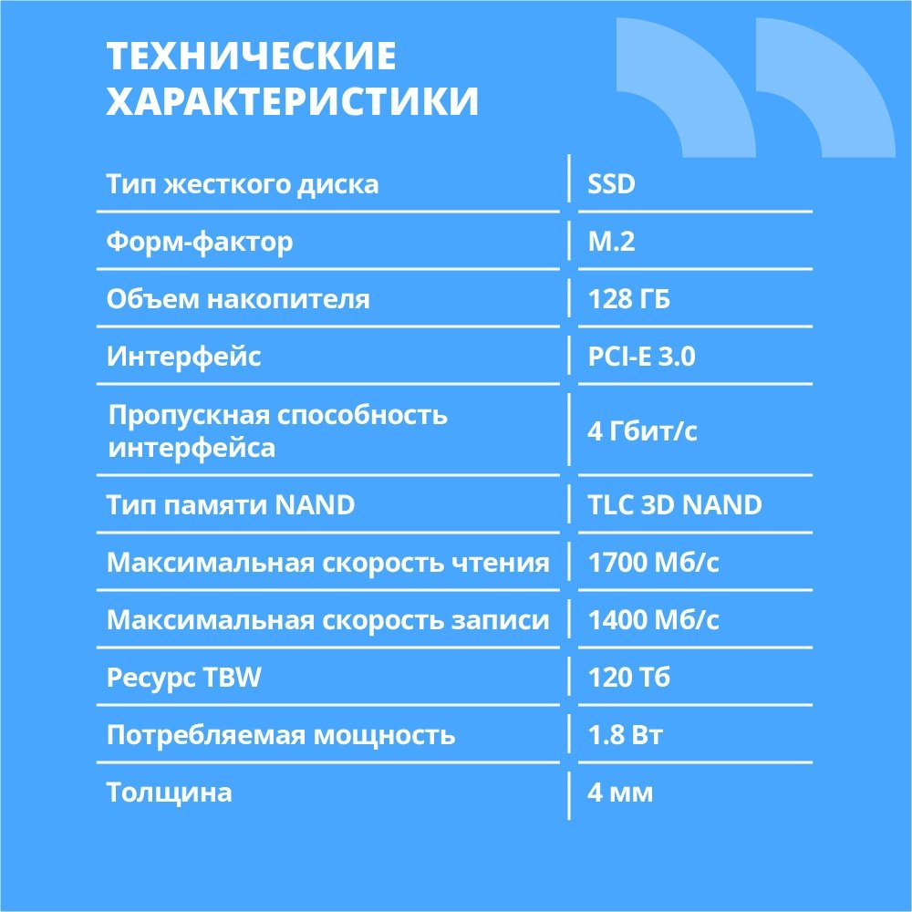 CBR SSD-128GB-M.2-BS24b, Внутренний SSD-накопитель, серия "Base", 128 GB, M.2 2280, PCIe 3.0 x4, NVMe 1.3, 3D TLC NAND, R/W speed up to 1700/1400 MB/s, TBW (TB) 120, OEM
