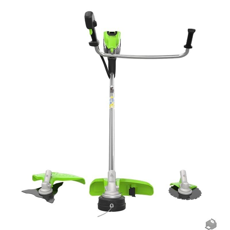 Greenworks TB201H Триммер аккумуляторный , 82V, 2,0 кВт, 46 см, c трехлопастным ножом и кусторезом, бесщеточный, без АКБ и ЗУ [2112407]