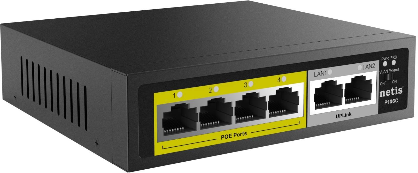 Netis P106C Коммутатор неуправляемый PoE, 6 портов, 4x100 Мбит/с, PoE+ 4х30 Вт (до 60Вт), uplink RJ45 2x100 Мбит/с