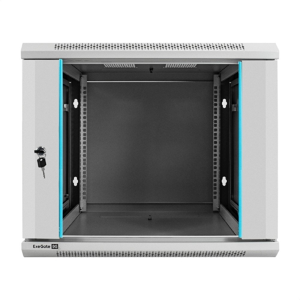 Exegate EX298602RUS Шкаф телекоммуникационный 19" настенный 9U ExeGate EC-WM-9U.600.G.GREY (19”, 9U, 600x600x500mm (ШхГхВ), передняя дверь закаленное стекло, съемные боковые панели, пыле- и влагозащит