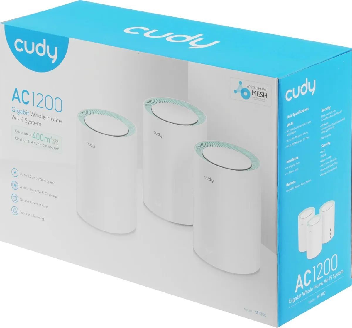 Wi-Fi Mesh-система/ AC1200 Wi-Fi Gigabit Mesh Solution 3-Pack, Chipset MT7621DA+MT7613B+MT7603, Dual-Band, 867Mbps at 5GHz + 300Mbps at 2.4GHz, 802.11ac/a/b/g/n, 2 Gigabit Ethernet Ports, 4 internal antennas, MU-MIMO, DDNS, Zerotier/Wireguard/OpenVPN/IPSec/L2TP/PPTP VPN, DNS over Cloudflare/Google/Quad9, IPv6, Seamless Roaming, TR069/TR098/TR111/TR181, Cudy Mesh, Cudy APP, M1300(3-Pack)