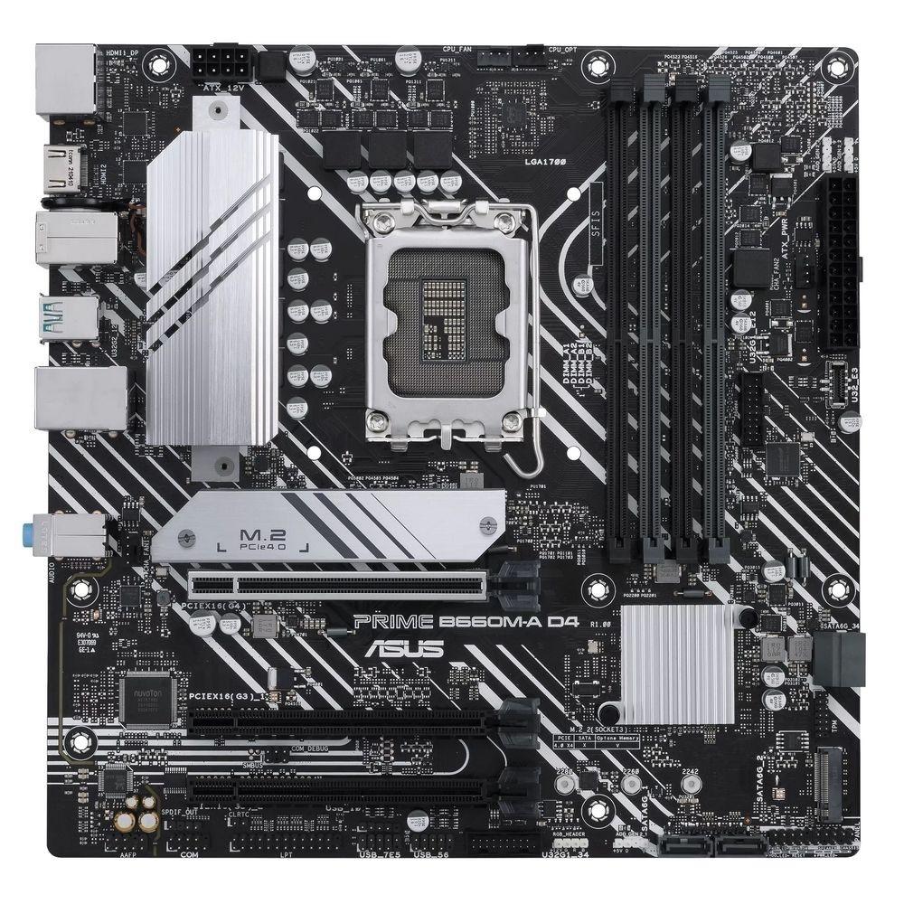 ASUS PRIME B660M-A D4-CSM (Socket 1700, mATX, 4xDDR4(128GB), DP/2xHDMI 2.1, 1xPCIe 4.0x16/2xPCIe 3.0x16, 1xLAN, 4xSATA 6Gb/s, 2xM.2, 2xUSB 3.2, 4xUSB 2.0, 1xPS/2)