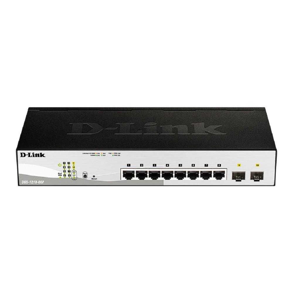 D-Link DGS-1210-08P/G3A Управляемый L2 коммутатор с 8 портами 10/100/1000Base-T и 2 портами 1000Base-X SFP (8 портов PoE 802.3af/at, PoE-бюджет 65 Вт)