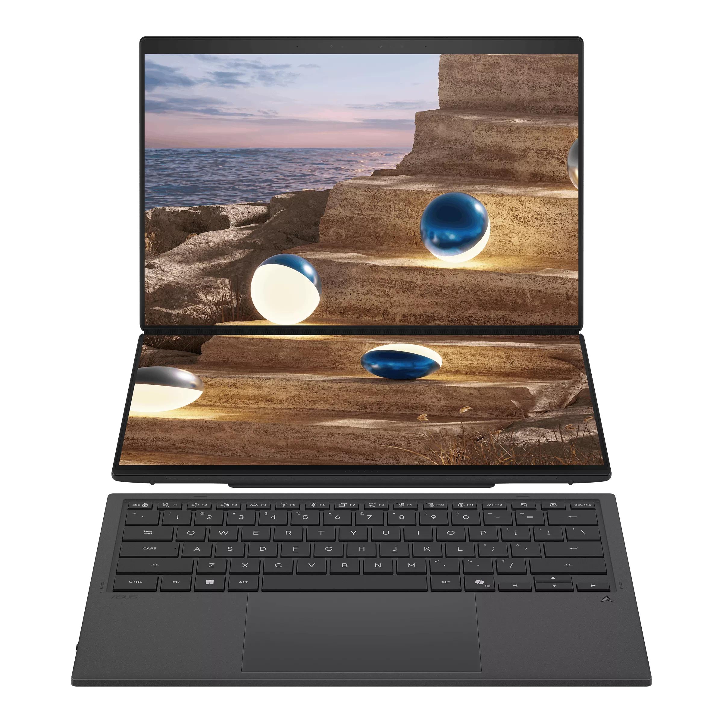 Ноутбук/ ASUS UX8407AA-SN426X Duo Touch 14+14"(2880x1800 OLED 16:10)/Touch/Intel Core Ultra X7 358H(1.9Ghz)/32768Mb/1024PCISSDGb/noDVD/Int:Intel Graphics/Cam/BT/WiFi/99WHr/war 1y/1.65kg/Moher Gray/Win11Pro + 2х14" экрана; маг-алюм корп; +стилус, 90NB16V1-M00P90
