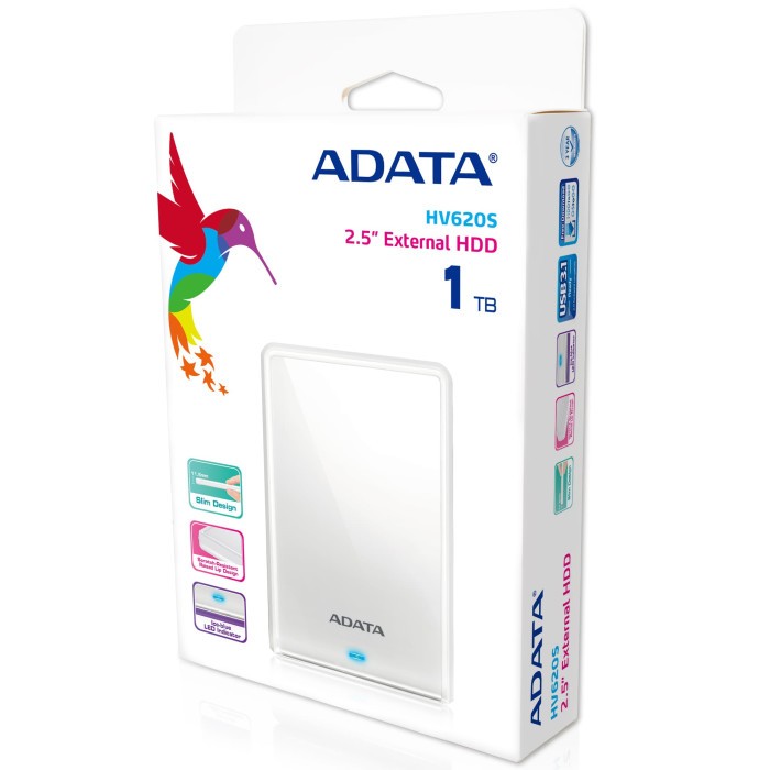 Жесткий диск внешний/ Portable HDD 1TB ADATA HV620S (White), USB 3.2 Gen1, 115x78x11.5mm, 152g /3 года/, AHV620S-1TU31-CWH