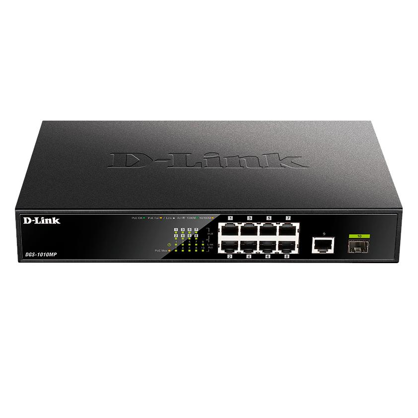 Коммутатор/ DGS-1010MP,DGS-1010MP/A1A Unmanaged Switch 9x1000Base-T (8x1000Base-T PoE), 1x1000Base-X SFP, PoE Budget 125W, metal case