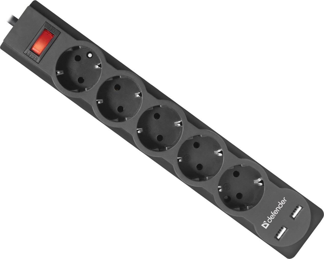 Defender Удлинитель с сетевым фильтром DFS 753, 5 розеток + 2xUSB, 2.1A, 3 м, чёрный., 99753
