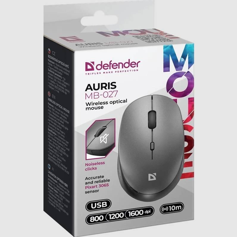 Defender Мышь беспроводная оптическая Auris MB-027 серый, 4D, 800-1600dpi, бесшумная., 52029