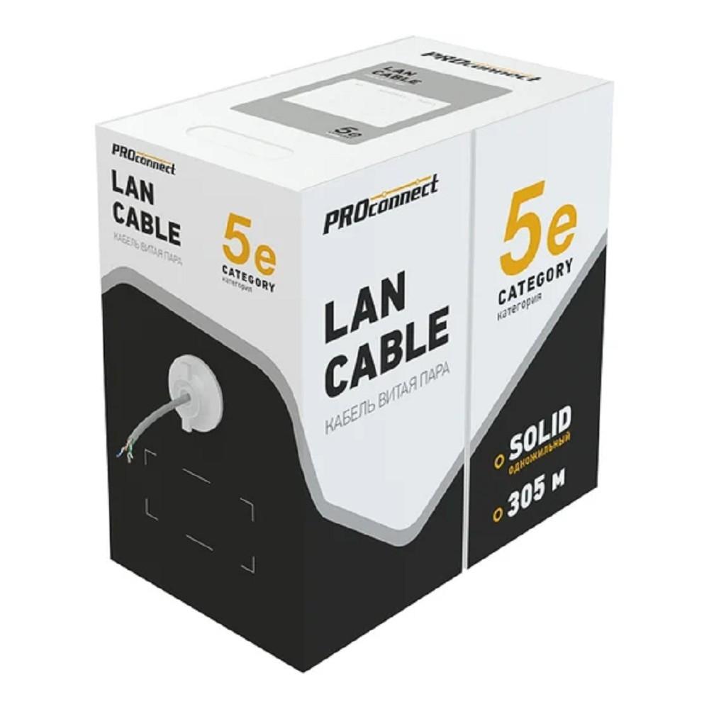 PROconnect (01-0052) Кабель витая пара U/UTP, CAT 5e, PVC, 4PR, 24AWG, INDOOR, SOLID, серый, 305м