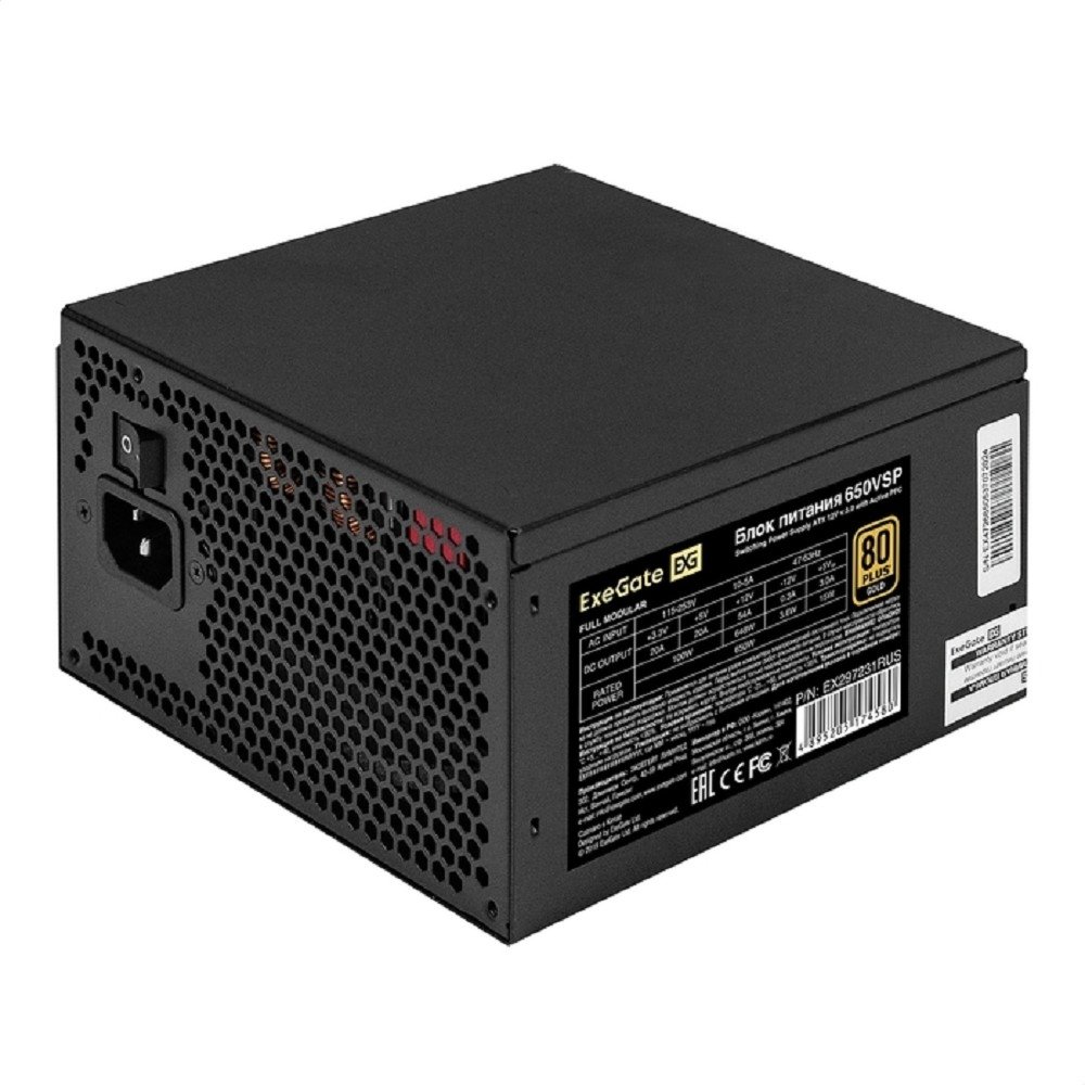 Exegate EX297231RUS Блок питания 650W 80 PLUS® GOLD 650VSP FC (ATX3.0, APFC, КПД 90% (80 PLUS GOLD), 120mm fan, 24pin, 2x(4+4)pin, PCIE5.0/12VHPWR, 2xPCI-E, 6xSATA, 3xIDE, 1xFDD, Full Cable Management