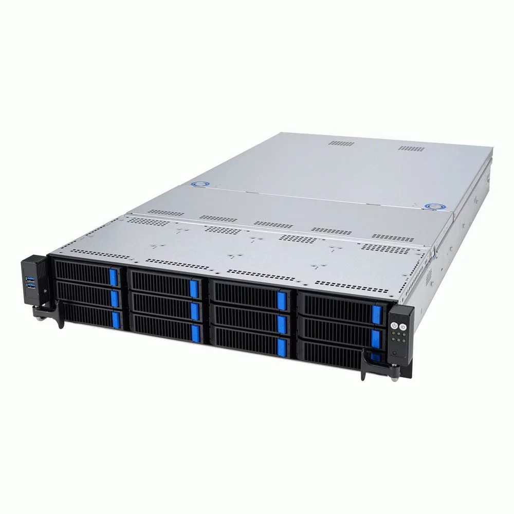 Серверная платформа/ ASUS RS521A-E12-RS12U, 2U, 1 x  SP5 (LGA 6096) 4th/5th gen AMD EPYC (STD HS up to 400W), 24 x DIMM slots DDR5 (6400/5600 with 9005 series, 4800 with 9004 series), Up to 5xPCIe Gen5 + 1 OCP3.0, 12 x 3.5" hsb 12NVMe, 2x rear 2.5" SATA hsb, 2x M.2 2280 NVME, 1x 2-Port 1GbE LAN, Up to 4x 1-slot OR 2x 2-slot GPU cards, 1+1 1600W, 90SF03X1-M000C0