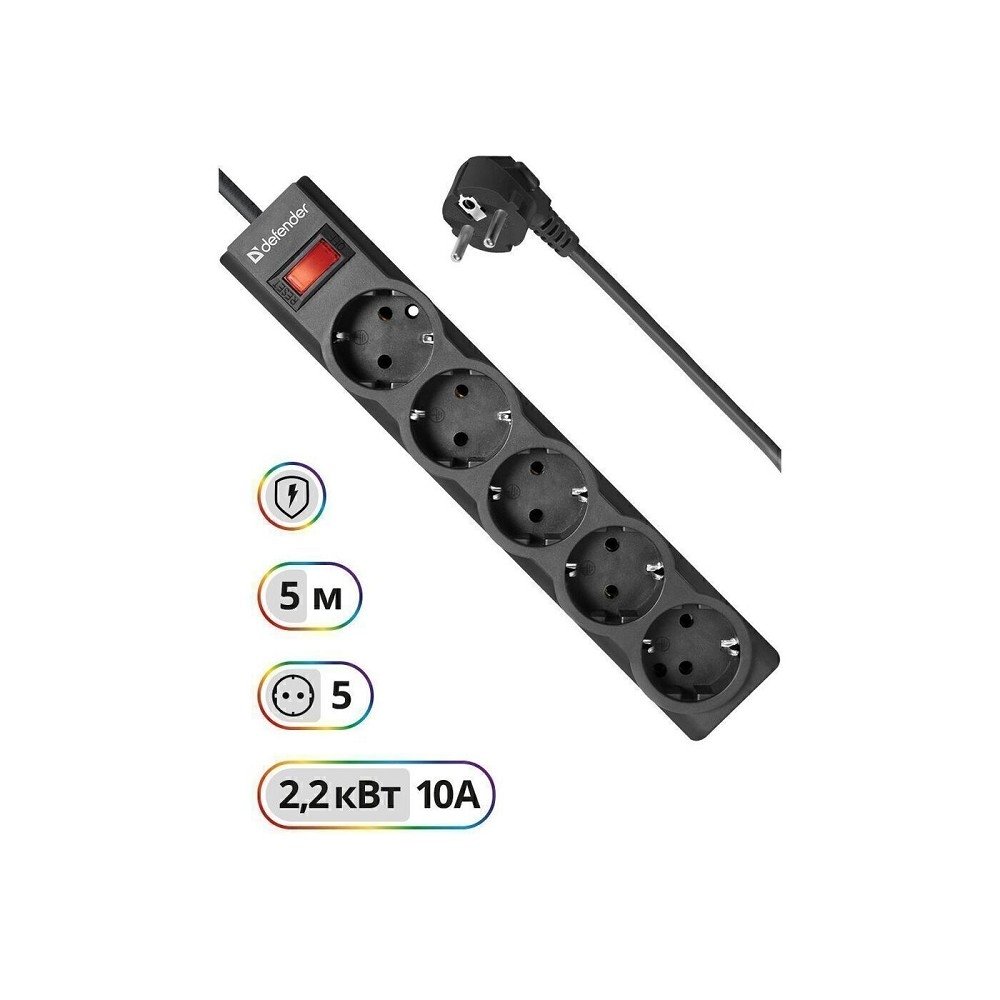 Defender Фильтр ES Largo 5.0 м, 5 розеток, черный [99499]
