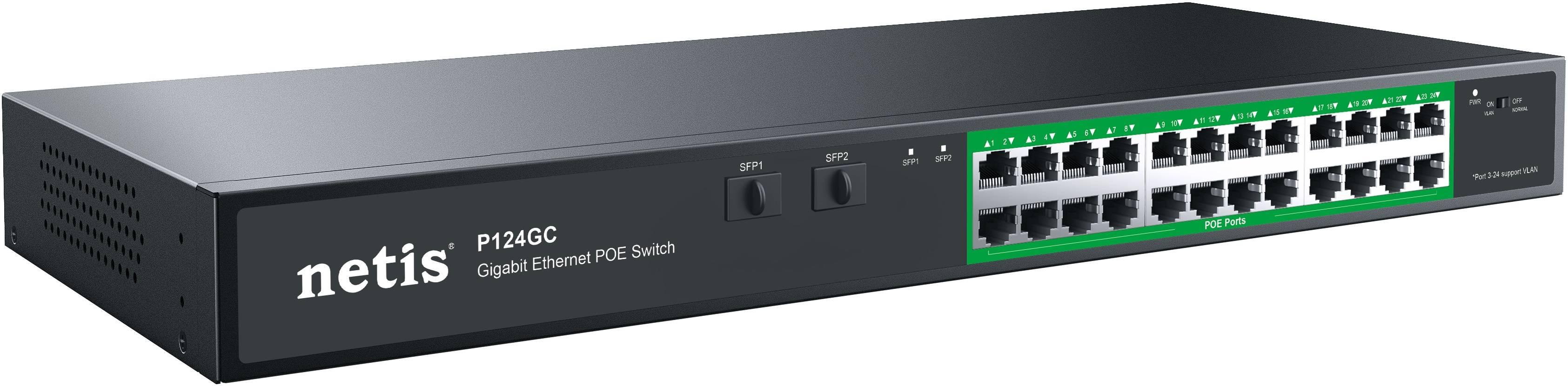 Netis P124GC Коммутатор неуправляемый PoE+, 26 портов, 24x1 Гбит/с, PoE+ 24х30 Вт (до 360Вт), Uplink SFP 2x1 Гбит/с