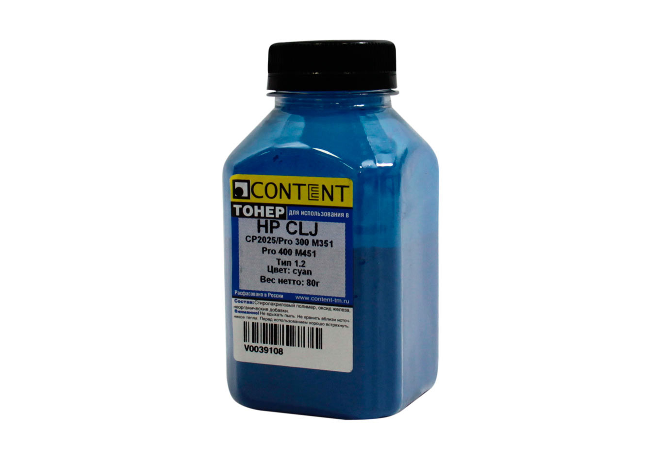 Тонер Content для HP CLJ CP2025/Pro 300 M351/Pro 400 M451, Тип 1.2, C, 80 г, банка, 1010100414