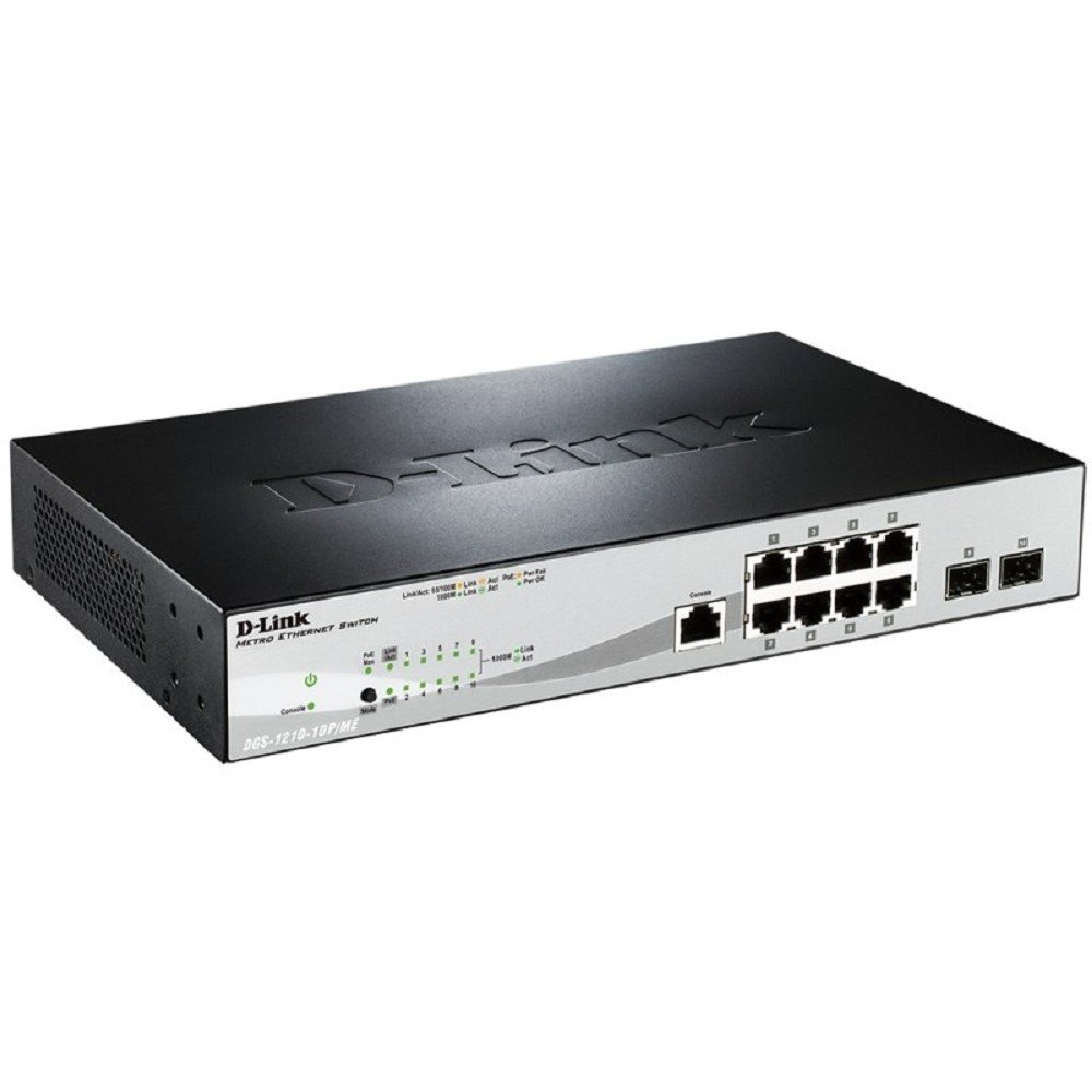 D-Link DGS-1210-10P/ME/A1A Управляемый L2 коммутатор с 8 портами 10/100/1000Base-T и 2 портами 1000Base-X SFP (8 портов PoE 802.3af/at, PoE-бюджет 78 Вт)