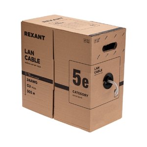 Rexant (01-0041-R) Кабель витая пара U/UTP, CAT 5e, PVC нг(А)-LS, 4х2х0,52мм, 4PR, 24AWG, INDOOR, SOLID, серый, 305м, РФ