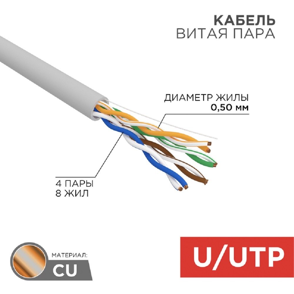 Rexant (01-0041-R) Кабель витая пара U/UTP, CAT 5e, PVC нг(А)-LS, 4х2х0,52мм, 4PR, 24AWG, INDOOR, SOLID, серый, 305м, РФ