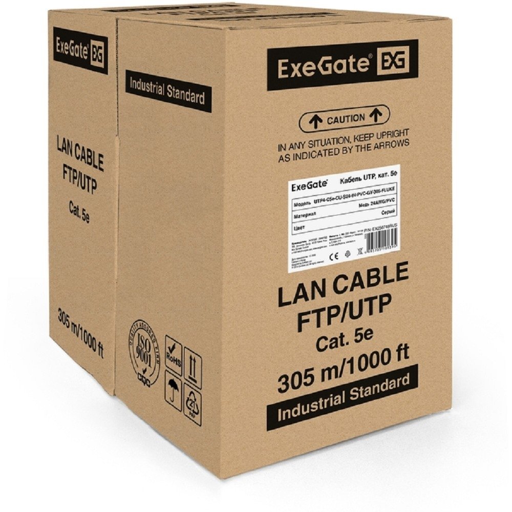 Exegate EX256748RUS Кабель UTP 4 пары кат.5e Exegate бескислородная медь,24AWG, FLUKE® test pass, бухта 305м, серый, PVC