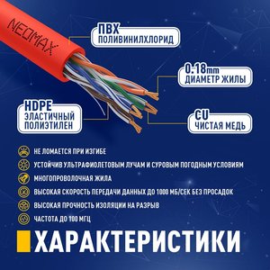 NEOMAX (NM13001-050R) Шнур коммут. UTP 5 м, cat.5е, красный, многожильный