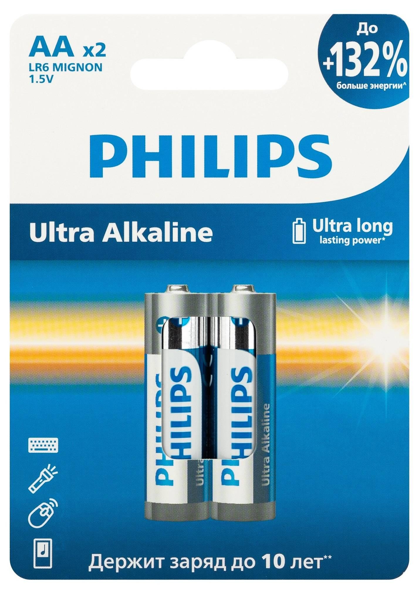 Philips Батарейки LR6E2W/51 АА алкалиновые 1,5v, LR6-2BL Ultra (2/24/144/11520). Блистер 2 шт., Б0064675