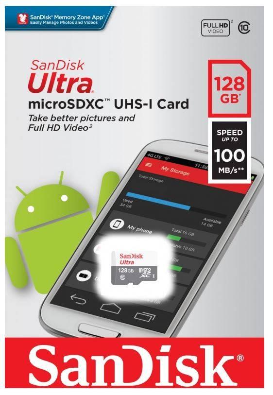 Флеш карта microSD 128GB SanDisk microSDXC Class 10 Ultra UHS-I 100MB/s, SDSQUNR-128G-GN6MN