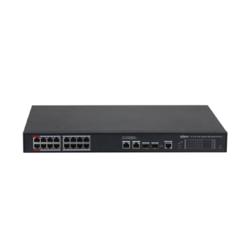 DAHUA DH-S4220-16GT-190 16-портовый гигабитный управляемый коммутатор с PoE, уровень L2, 16xRJ45 1Gb PoE, 2xRJ45 1Gb, 2xSFP 1Gb, суммарно до 190Вт, коммутация 56 Гбит/с, MAC-таблица 8к