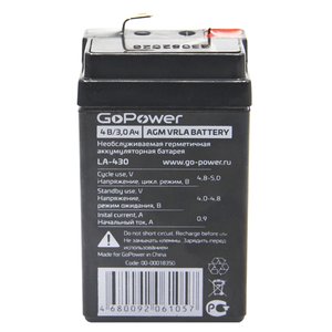 Аккумулятор свинцово-кислотный GoPower LA-430/101 4V 3Ah клеммы T1/ F1(1/20), 00-00018350 (101мм)