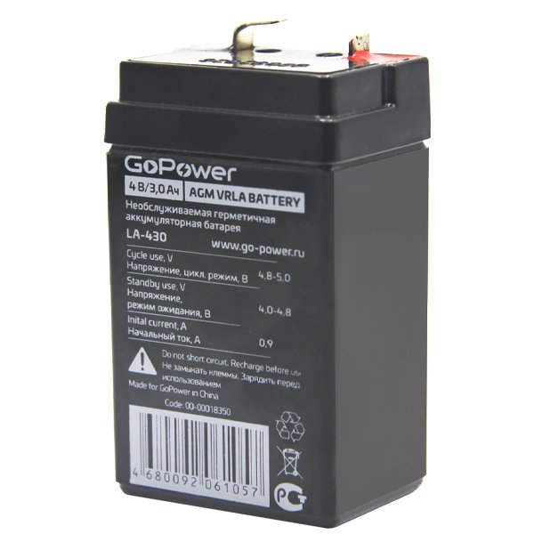 Аккумулятор свинцово-кислотный GoPower LA-430/101 4V 3Ah клеммы T1/ F1(1/20), 00-00018350 (101мм)