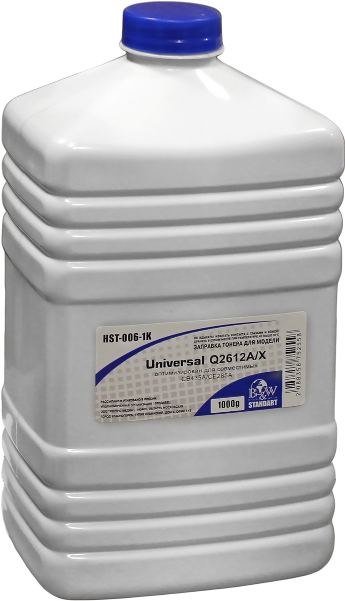 Тонер для картриджей Universal Q2612A/X, оптимизирован для совместимых CB435A/CE285A (фл. 1кг) B&W Standart фас.Россия, HST-006-1K