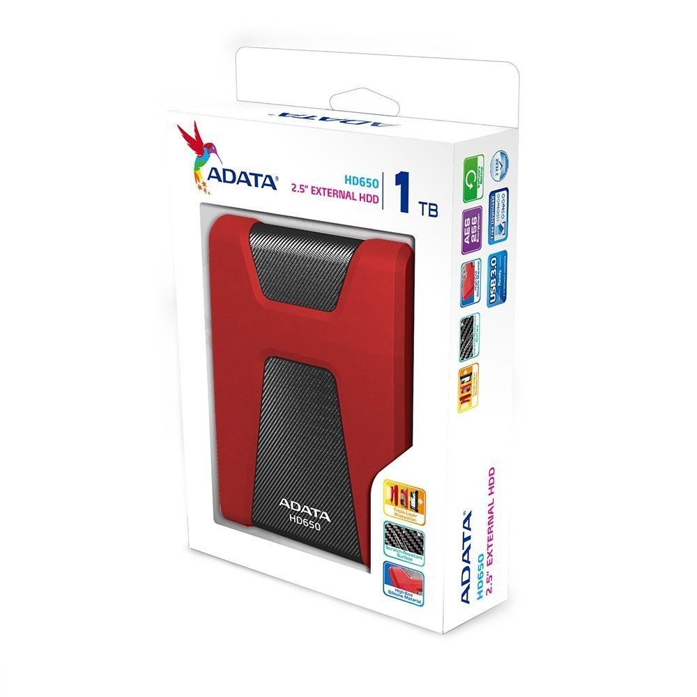 Жесткий диск внешний/ Portable HDD 1TB ADATA HD650 (Red), Silicone, USB 3.2 Gen1, 121x81x21mm, 201g /3 года/, AHD650-1TU31-CRD