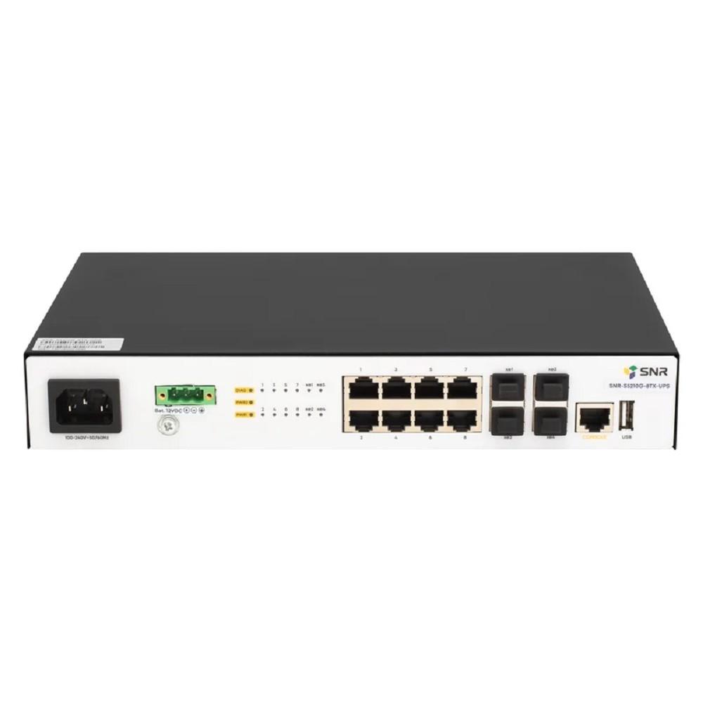 SNR SNR-S5210G-8TX-UPS Управляемый коммутатор уровня 2+, 8 портов 10/100/1000Base-T, 4 порта 1/10G SFP+, встроенный БП ~220V AC, разъем для АКБ 12V с возможностью заряда
