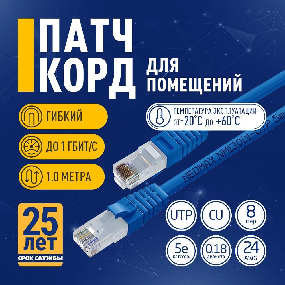 NEOMAX (NM13001-010B) Шнур коммут. UTP 1 м, cat.5е, синий, многожильный