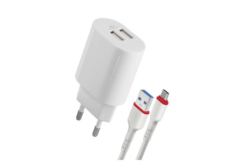 Defender Сетевое ЗУ UPC-24, 2 x USB, 5V/2.1А + кабель Type-C 1 метр, белый., 83679