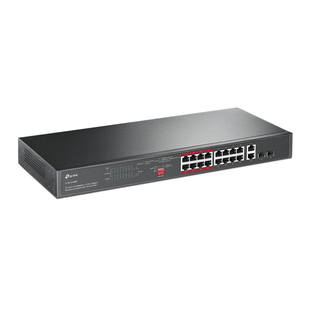 TP-Link TL-SL1218MP Неуправляемый коммутатор с 16 портами PoE+ 10/100 Мбит/с и 2 комбинированными портами RJ45/SFP