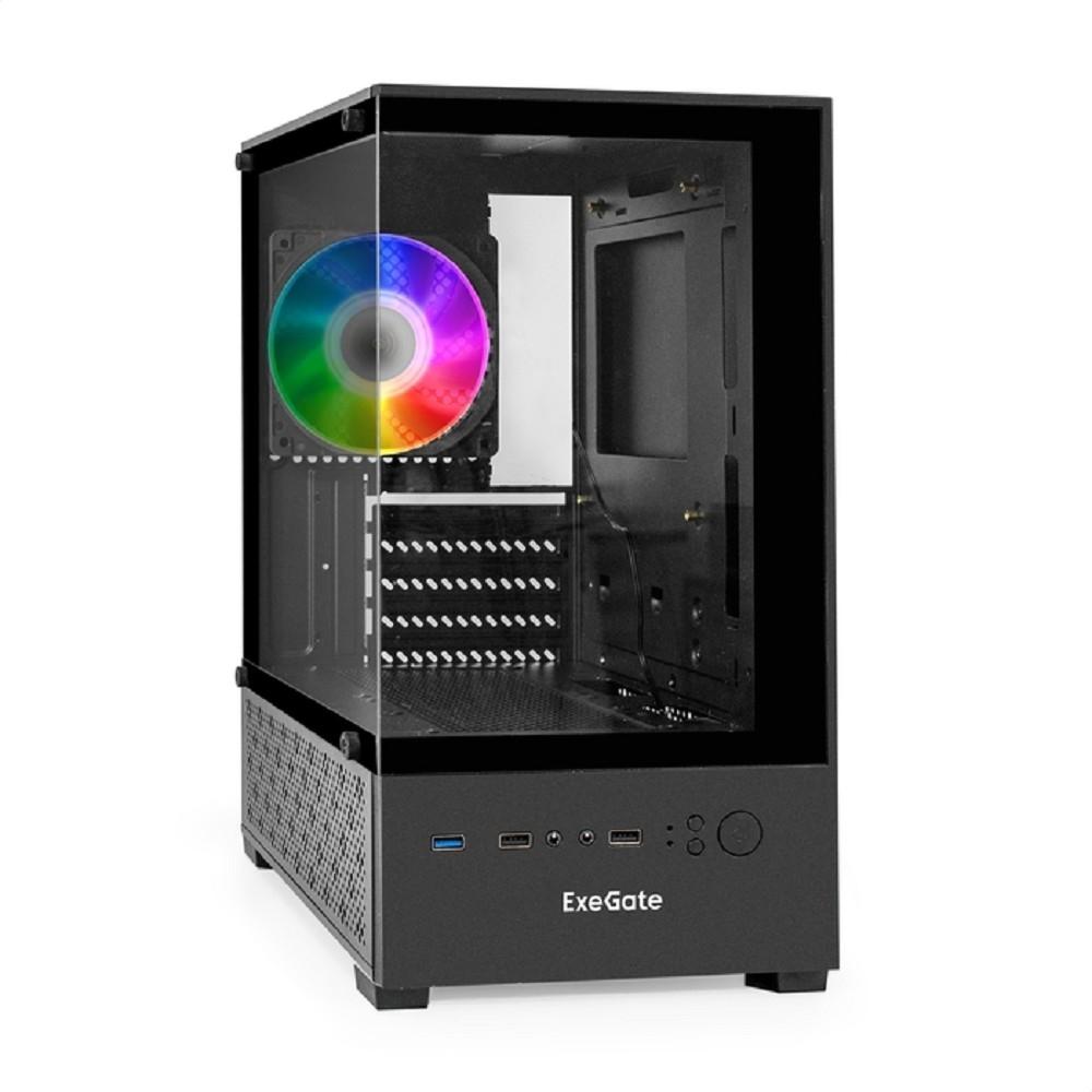 Exegate EX298221RUS Корпус Minitower ExeGate i3 SEA (mATX, без БП, 1*USB+1*USB3.0, HD аудио, черный, 1 вент. 12см с RGB подсветкой, передняя и боковая панели - закаленное стекло)