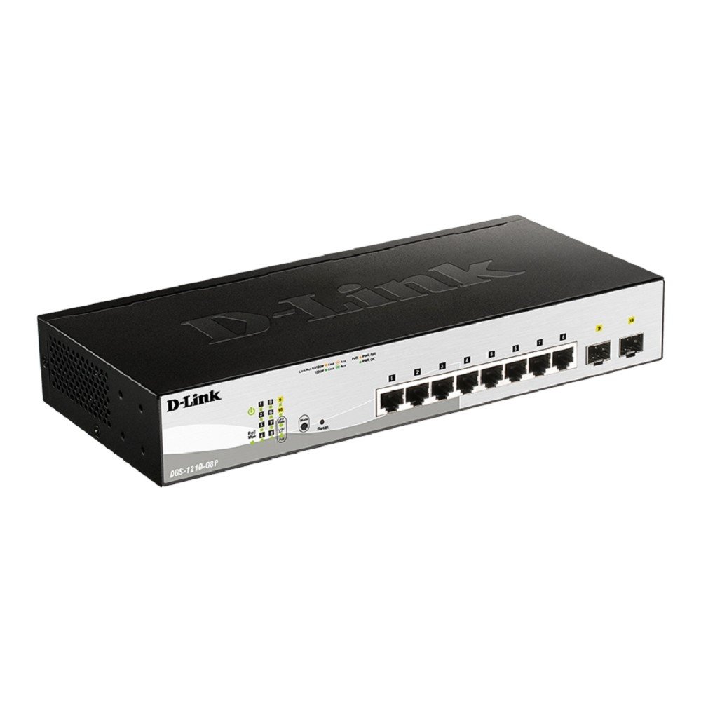 D-Link DGS-1210-08P/G3A Управляемый L2 коммутатор с 8 портами 10/100/1000Base-T и 2 портами 1000Base-X SFP (8 портов PoE 802.3af/at, PoE-бюджет 65 Вт)