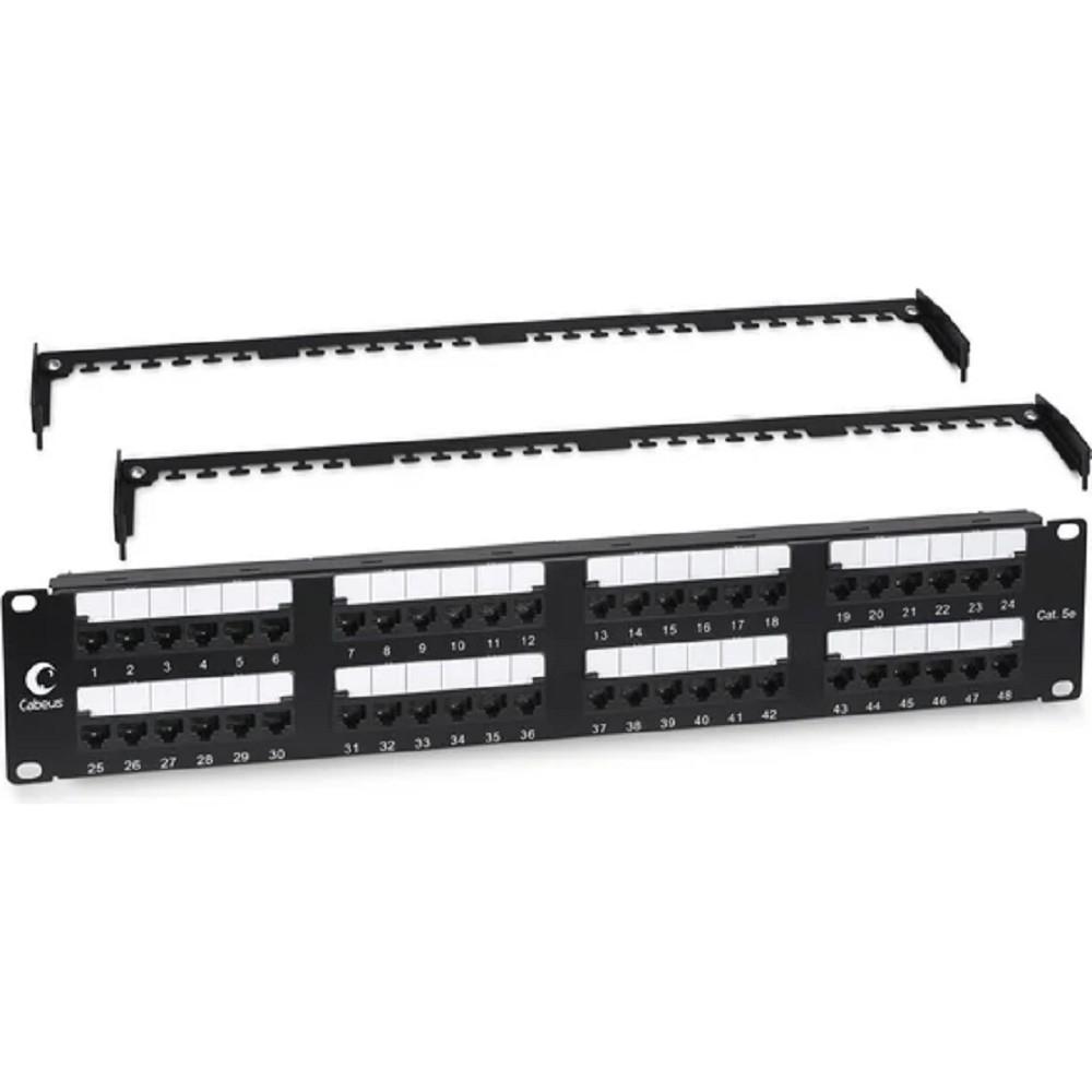 Cabeus PL2-48-Cat.5e-Dual IDC Патч-панель 19" (2U), 48 портов RJ-45, категория 5e, Dual IDC, с задним кабельным организатором