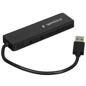 Gembird Разветвитель USB3.1 2xUSB, 2xType-C, с доп.пит (Type-C), кабель USB 19см, черный, коробка (UHB-C415)