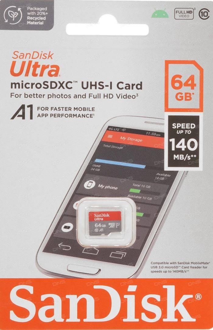 Флеш карта microSD 64GB SanDisk microSDXC Class 10 Ultra UHS-I U1 A1 140MB/s, SDSQUAB-064G-GN6MN