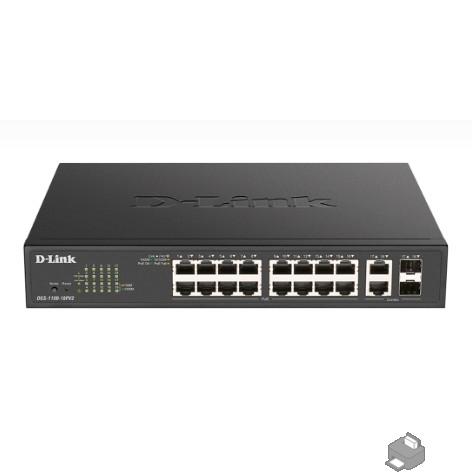D-Link DGS-1100-18PV2/A3A Настраиваемый L2 коммутатор с 16 портами 10/100/1000Base-T и 2 комбо-портами 1000Base-T/SFP (16 портов PoE 802.3af/at, PoE-бюджет 130 Вт)