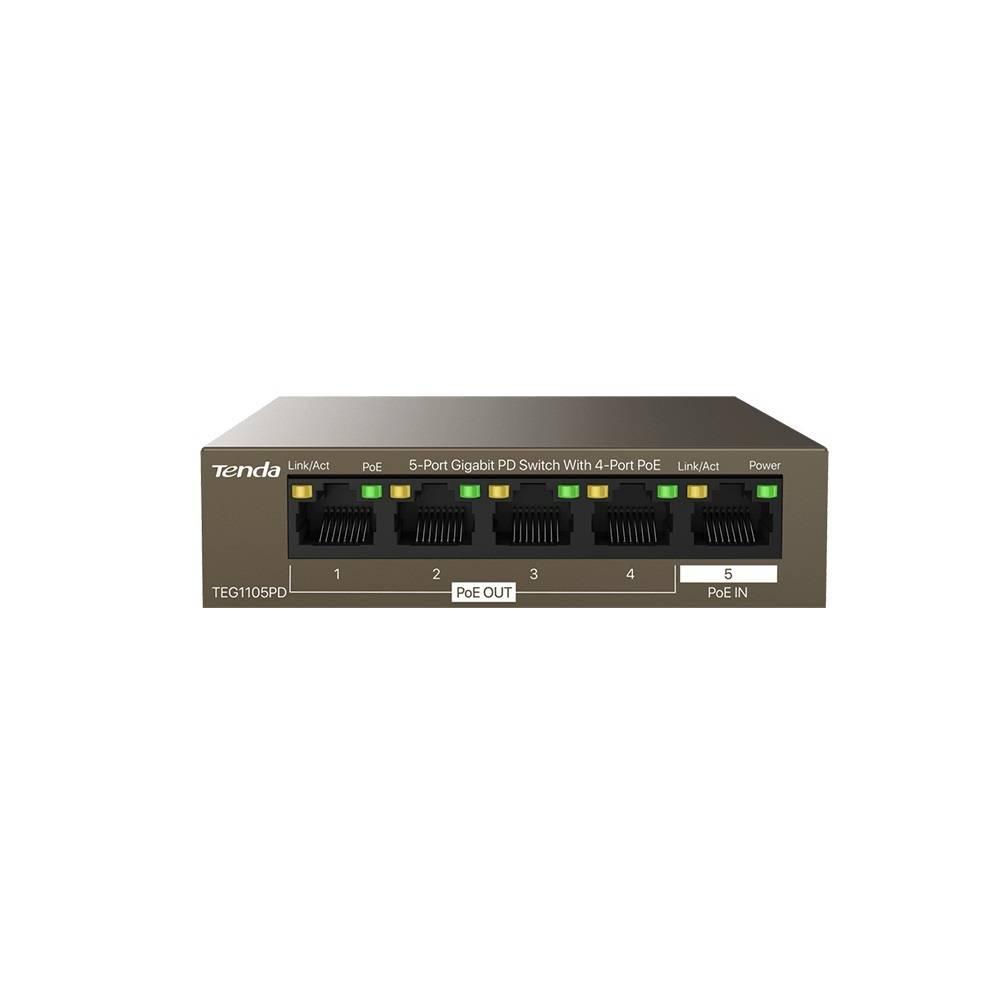 Tenda TEG1105PD Коммутатор неуправляемый PoE, 5 портов, 5x1 Гбит/с, PoE 4х15,4 Вт (до 30Вт), настольный