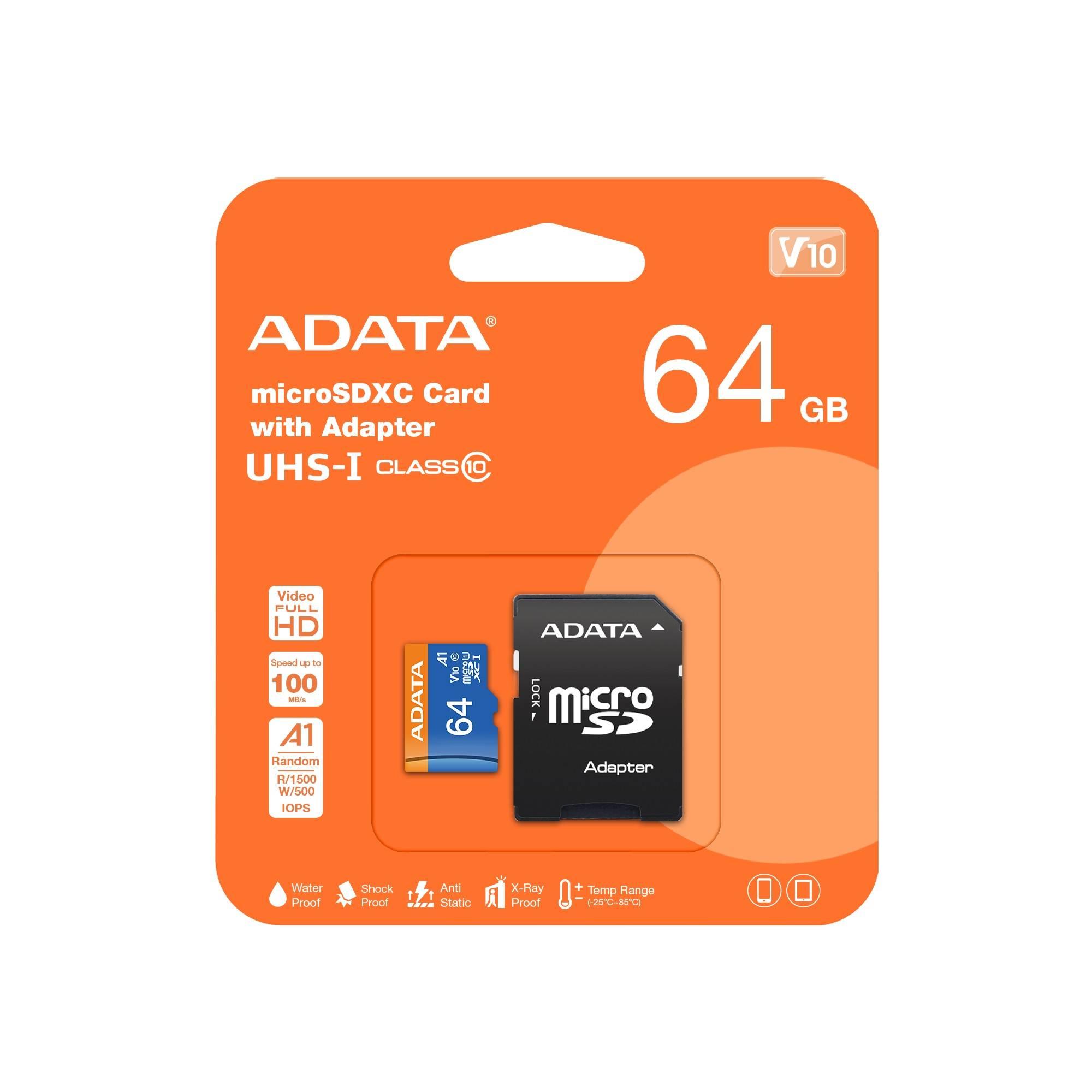 Флеш карта microSD 64GB A-DATA Premier microSDXC Class 10 UHS-I A1 V10 100/25 MB/s (SD адаптер), AUSDX64GUICL10A1-RA1