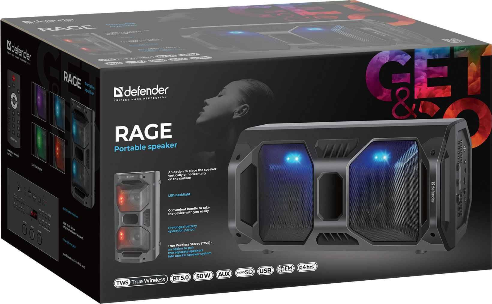 Defender Портативная акустика Rage 50Вт, Light/BT/FM/USB/LED/TWS, 65109