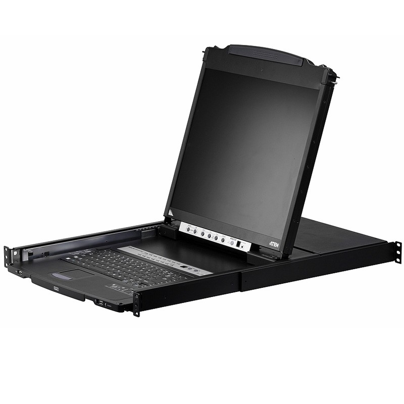 Kонсоль управления, для KVM-переключателей, электрон., 19", SVGA+KBD+MOUSE PS/2 USB, с KVM шнуром USB 1.8м, LCD Kран 19", лат./рус.Kлав., (выход на вторую конс 1280x1024 75Hz DDC2BKрепление DUAL RAIL доп.порт USB A-типа Female)/ATEN/ DUAL RAIL LCD PS/2-USB CONSOLE 19INCH, CL5800NR