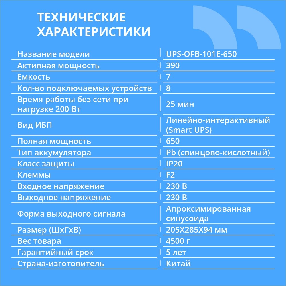 ИБП CBR [UPS-OFB-101E-650] 650VA/390W, Schuko CEE 7 Outlets: (x4 Battery & Surge Protected; x4 Surge Protected), LED, AVR, SEC, 12V/7Ah