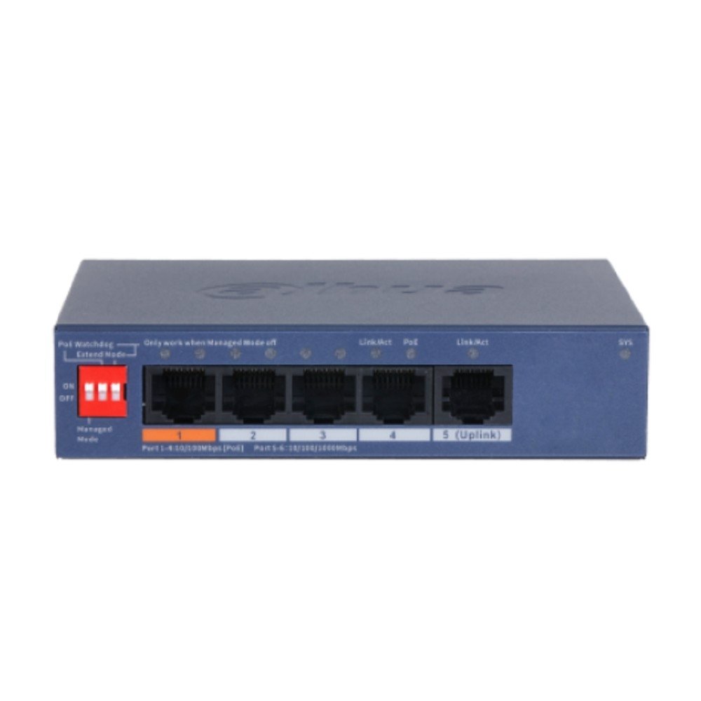 DAHUA DH-CS4005-4ET1GT-60 4-портовый гигабитный PoE коммутатор с функцией облачного управления, 4xRJ45 100Mb, 1xRJ45 1Gb uplink, суммарно 60Вт