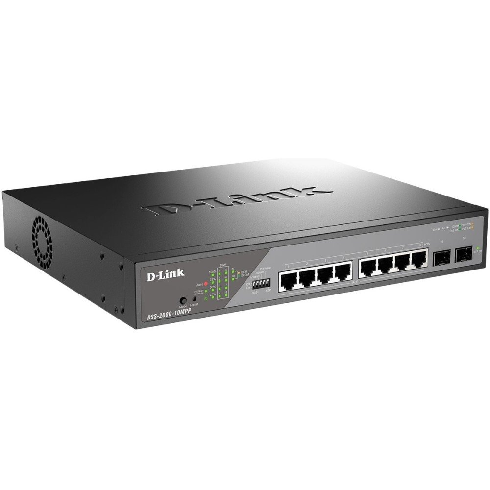 D-Link DSS-200G-10MPP/A1A Настраиваемый L2 коммутатор с 8 портами 10/100/1000Base-T и 2 портами 1000Base-X SFP (8 портов PoE 802.3af/at/bt, PoE-бюджет 242 Вт, дальность до 250 м)