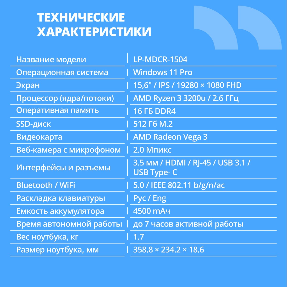 CBR LP-MDCR-1504 15.6" FHD IPS (AMD Ryzen 3 3200U(2.6GHz) /16Gb DDR4 3200MHz / 512Gb SSD PCIe / AMD Radeon RX Vega 3  / RJ45 / Windows 11 Pro /5000 mAh /пластик), CBR-HNLP15R3-16G512G-WP