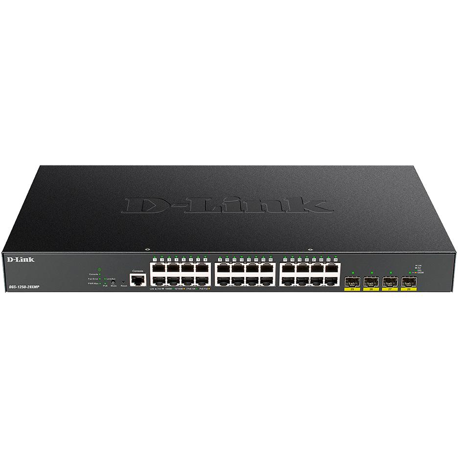 Коммутатор/ DGS-1250-28XMP Smart L2 Switch 24x1000Base-T PoE, 4х10GBase-X SFP+, PoE Budget 370W, CLI, RJ45 Console, DGS-1250-28XMP/A1A