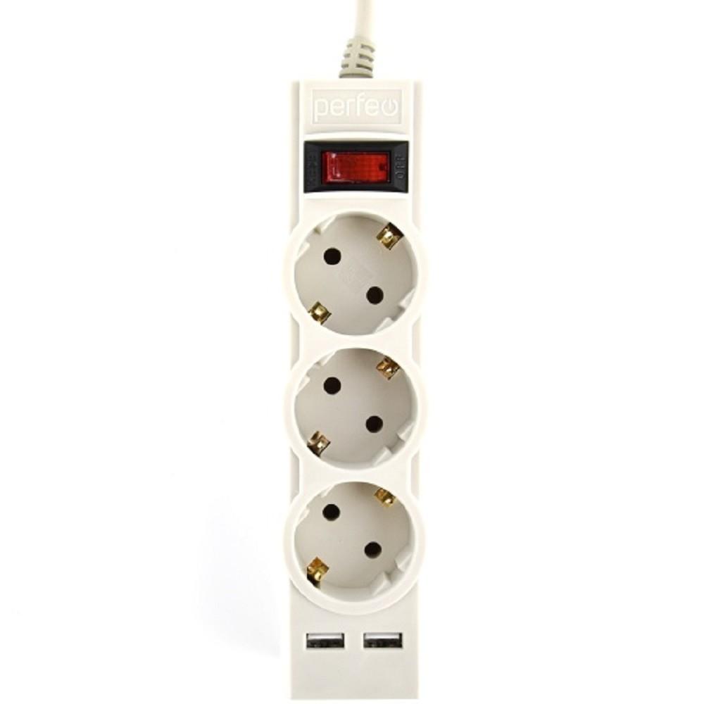 Perfeo сетевой фильтр "POWER-S", 1,8м, 3 розетки 10А, 2USB, 2500 Вт, двойная защита, серый., PF_E1638